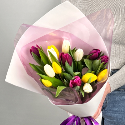 Букет из 15 тюльпанов МИКС (в упаковке) 28405
