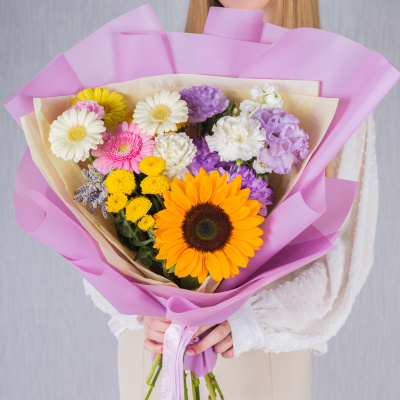 Букет в школу с подсолнухом "До свиданья, лето!" N 38164