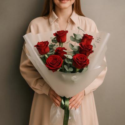 Букет из красных высоких роз Эквадор с эвкалиптом N 76723
