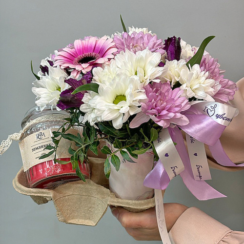 Сет "Земляника". Набор стаканчик с цветами и аромасвечой в банке арт. 70404